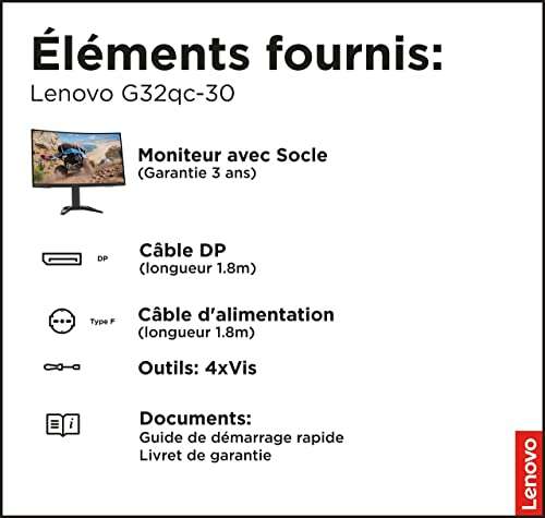 Ecran PC 31.5" Lenovo G32qc-30 - 2K QHD, EyeSafe,VA,165Hz,0.5ms,HDMI+DP,Câble DP,FreeSync Premium,Haut-Parleurs,Inclinaison