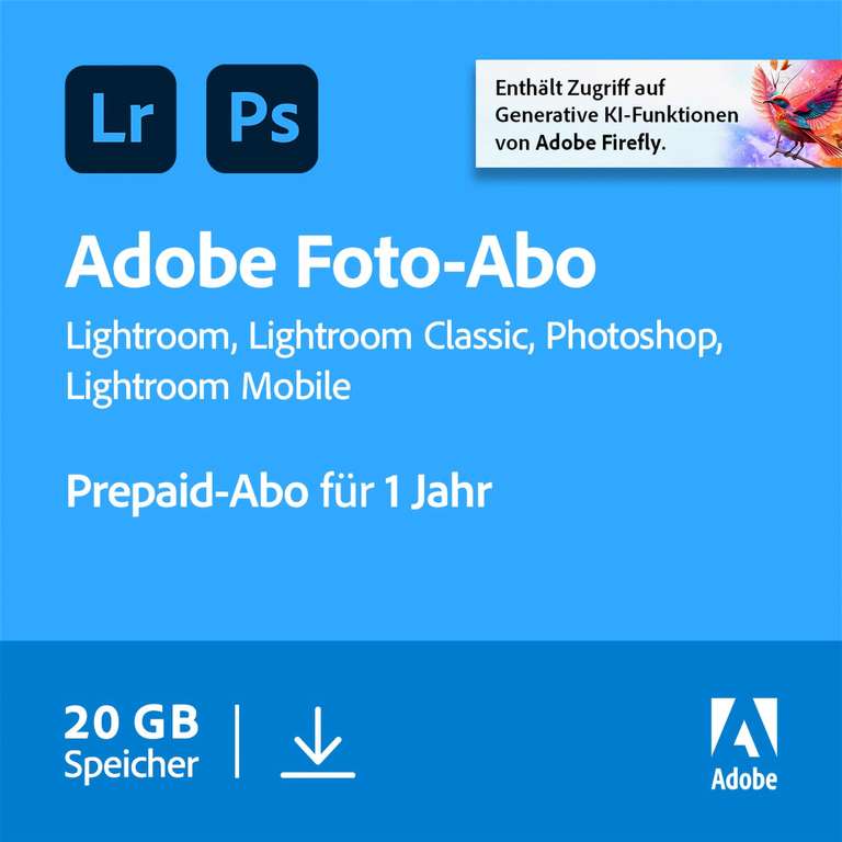 Licence de 12 Mois pour Adobe Creative Cloud Photographie 20 Go: Photoshop + Lightroom (Dématérialisé)