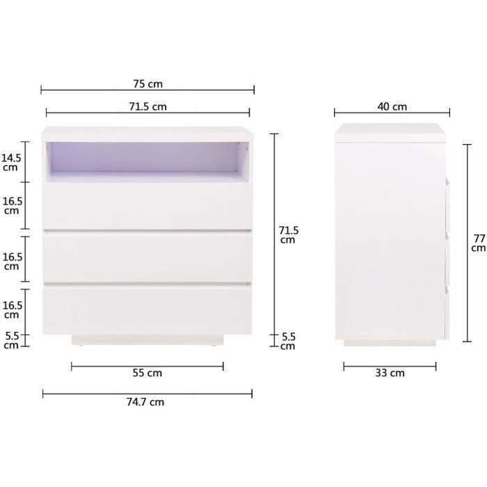 Commode Lux HT-20C114 - 3 tiroirs & niche, avec lumière LED, blanc, 75x40x77 cm