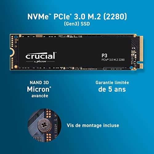 SSD interne M.2 NVMe Crucial P3 - 500 Go, Jusqu’à 3500 Mo/s (CT500P3SSD8)