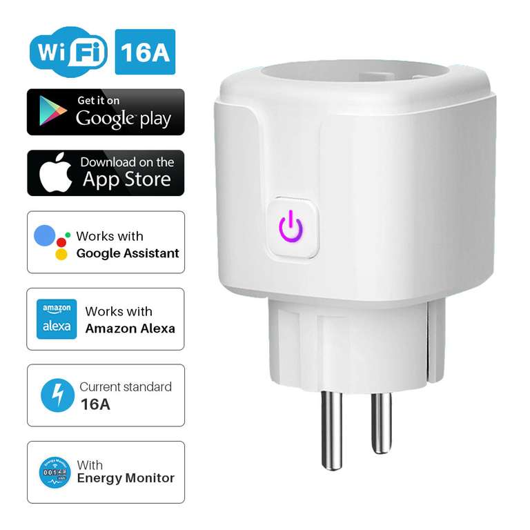 Prise connectée UE Elivco - Wattmètre, 16A, App Tuya & Smart Life,  Compatible Alexa et Google Assistant - WIFI (Fiche Allemande) –