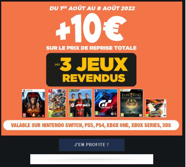 10€ de bonus offerts pour la reprise de 3 jeux vidéo d'occasion