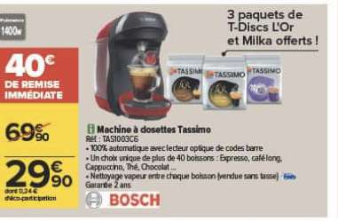 Machine à dosettes Bosch Tassimo Happy TAS1003C6 + 3 boites de cafés incluses