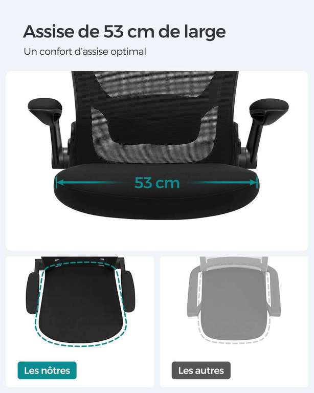 Chaise de bureau ergonomique Songmics OBN37BK- Support lombaire, Dossier textilène, Accoudoirs rabattables, Noir, 66x 60x 107 cm
