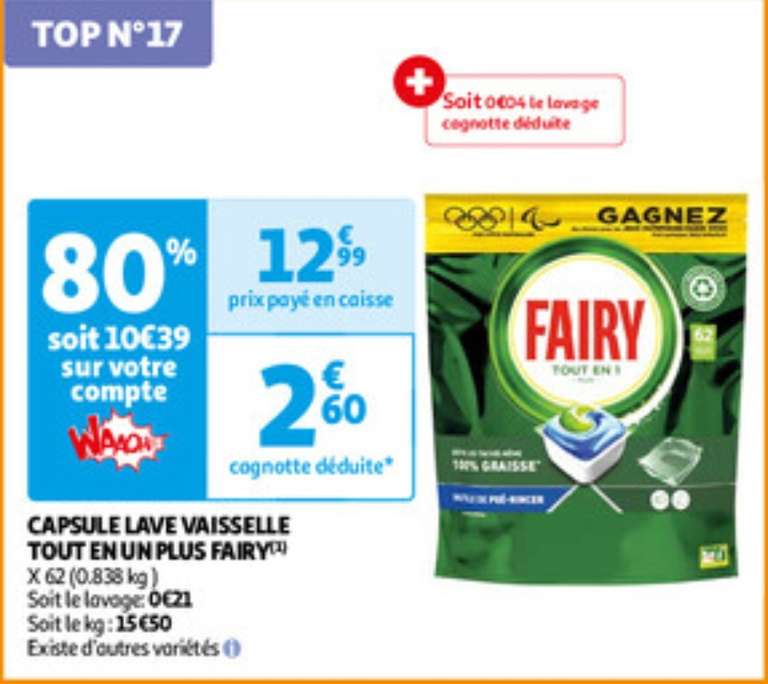 Paquet de 62 capsules lave-vaisselle Fairy tout-en-un – Différentes variétés (via 10,39€ sur carte fidélité et BDR 2€)