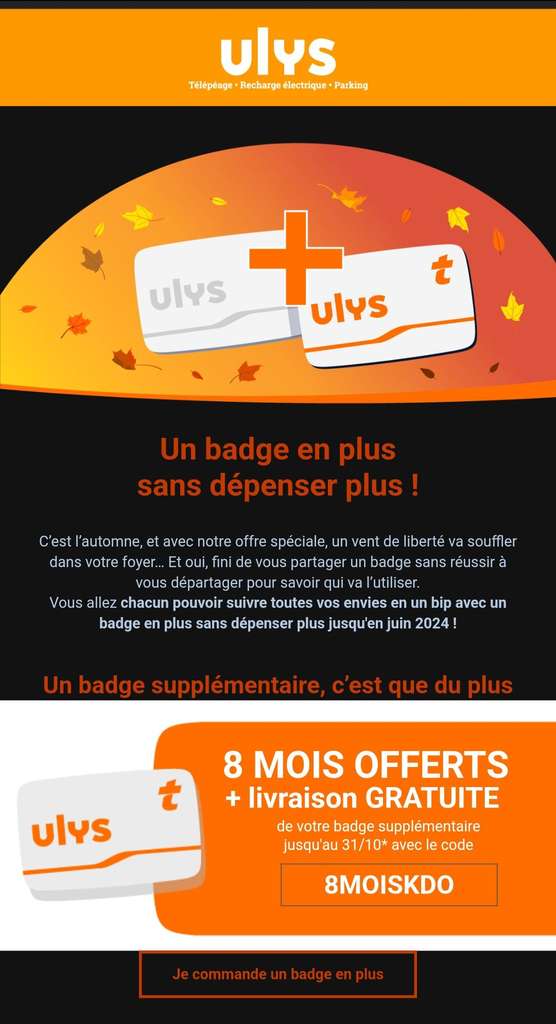 Second badge télépéage Ulys gratuit + 2 ports de fixation + 8 mois d