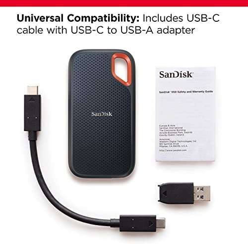 SSD Externe NVMe SanDisk Extreme - 2 To, USB-C, jusqu'à 1 050 Mo/s en lecture et 1 000 Mo/s en écriture