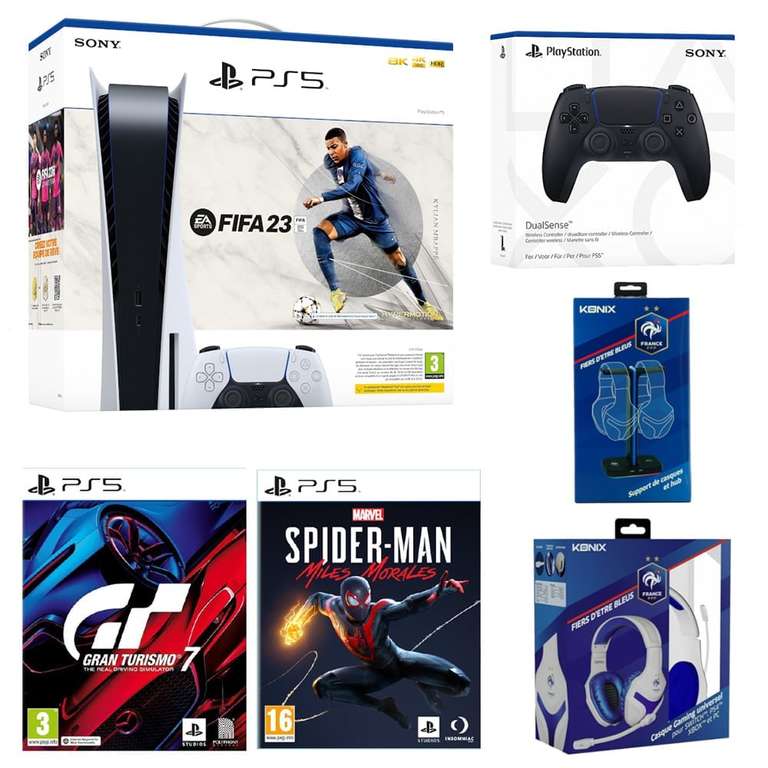 Pack PS5 standard FIFA 23 + Manette DualSense, Casque Fiers d'être bleus, Support de Casques, Gran Turismo 7 et Spider-Man Miles Morales