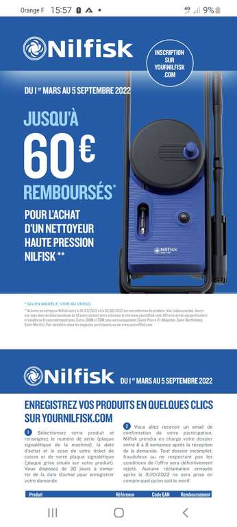 [ODR] Jusqu'à 60€ remboursés pour l'achat d'un nettoyeur Haute Pression Nilfisk et accessoires