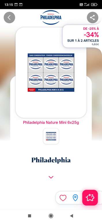 2 boites de Fromage à Tartiner Philadelphia Nature - 300g (Via 2,16€ sur Carte Fidélité + ODR 2,16€)