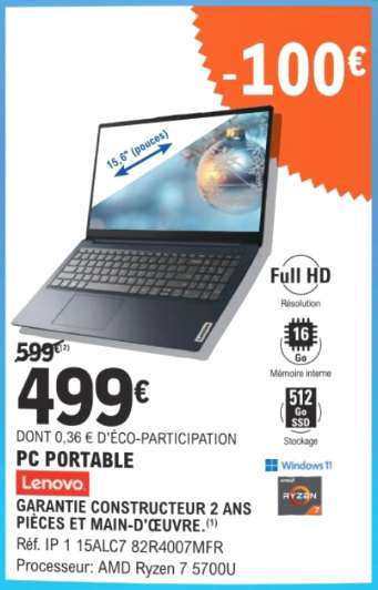 PC Portable 15.6' Lenovo IdeaPad 1 15ALC7 82R4007MFR - Full HD, Ryzen 7 5700U, 16 Go RAM, 512 Go SSD, Windows 11