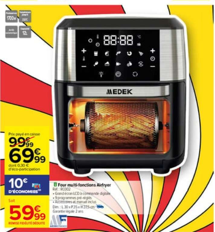 Four multi-fonctions Airfryer MEDEK RC002 - Ecran LCD, 12L, 9 programmes (Via 10€ sur la Carte de Fidélité)