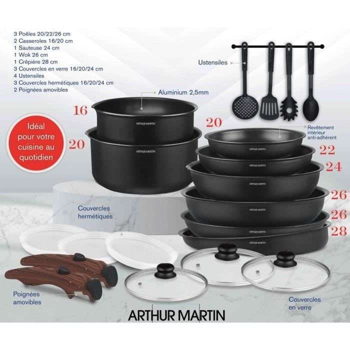 Arthur Martin Batterie de cuisine 10 pièces 3 poêles + 2 casseroles + 1  poignées + 2 couvercles noirs pas cher 