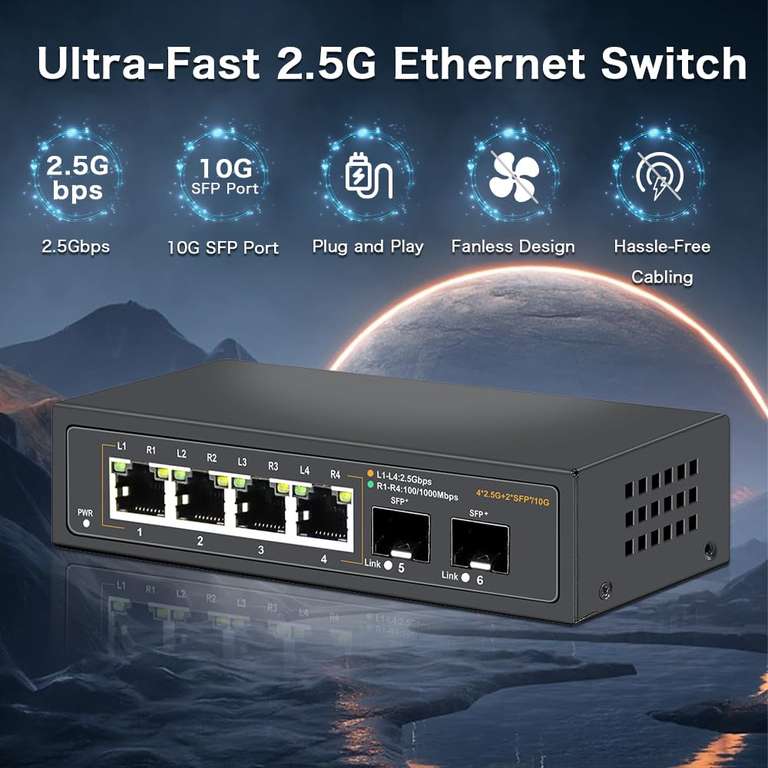 Switch Ethernet Davuaz 2.5G Non administré avec 4 Ports 2.5G Base-T et 2 Ports Uplink 10G SFP (vendeur tiers)