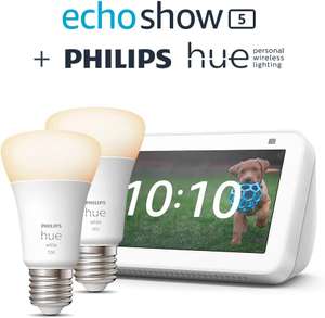 [Prime] Assistant Echo Show 5 (2e génération, modèle 2021), Blanc + 2 Ampoules Philips Hue White ampoule connectée (E27)