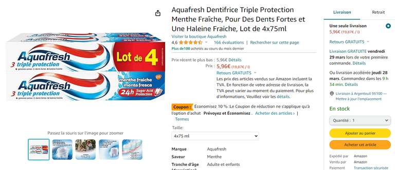 Lot 4 tubes dentifrice Aquafresh Triple Protection Menthe Fraîche (via coupon et prévoyez et économisez)