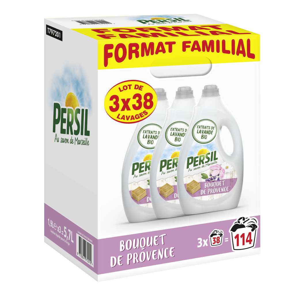 Lot de 3 bidons de lessive liquide Persil bouquet de Provence - 3x1,8 L  (via 12,48€ sur la carte fidélité) –