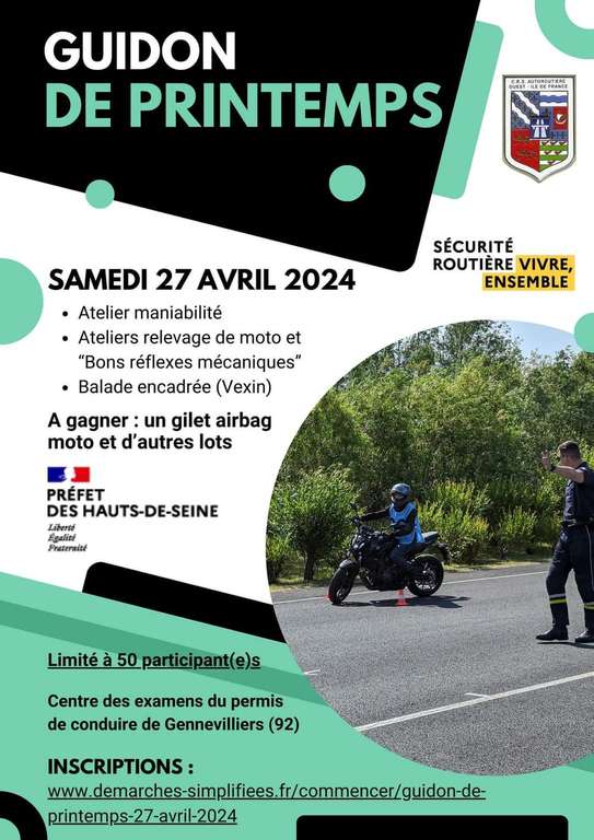[Titulaires permis A1, A2 ou A] Ateliers gratuits pour motards le 27 avril - Gennevilliers (92)