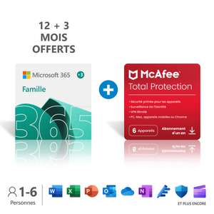 Microsoft 365 Famille - Office 365 apps - jusqu’à 6 utilisateurs - 15 Mois + McAfee Total Protection (Dématérialisé)