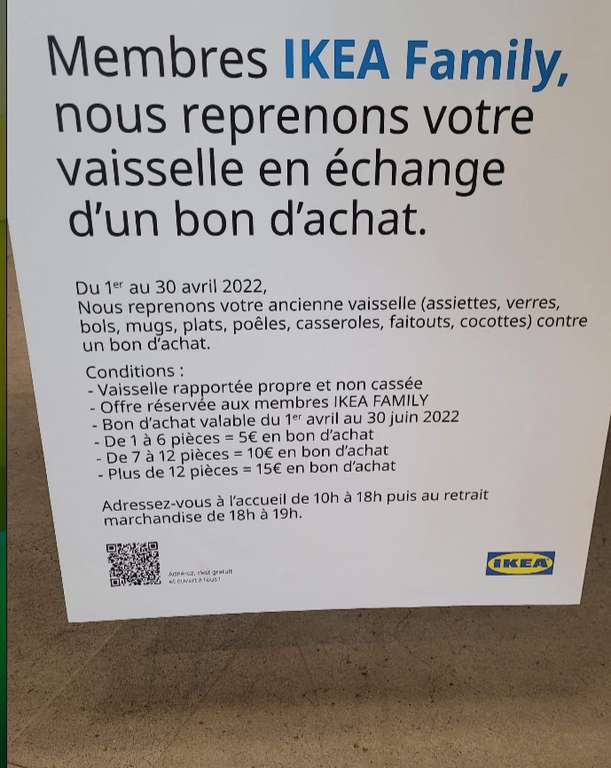 [Ikea Family] 5€ offerts en bon d'achat pour la reprise de 1 à 6 pièces de vaisselle, 10€ pour 7 à 12 pièces et 15€ pour plus de 12 pièces
