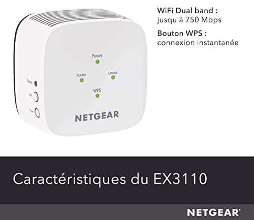 Répéteur WiFi Netgear EX3110 - AC750 Dual Band 750 Mbps, Jusqu'à 90m²