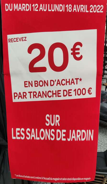 20€ offerts en bon d'achat par tranche de 100€ sur les Salons de Jardin (Collégien Bay2 - 77)