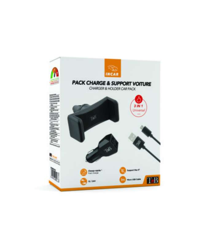 Pack chargeur allume-cigare 2 USB + câble micro USB + support de grille ventilation TNB