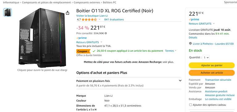 Boitier PC Lian Li O11D XL ROG Certified (Via coupon)