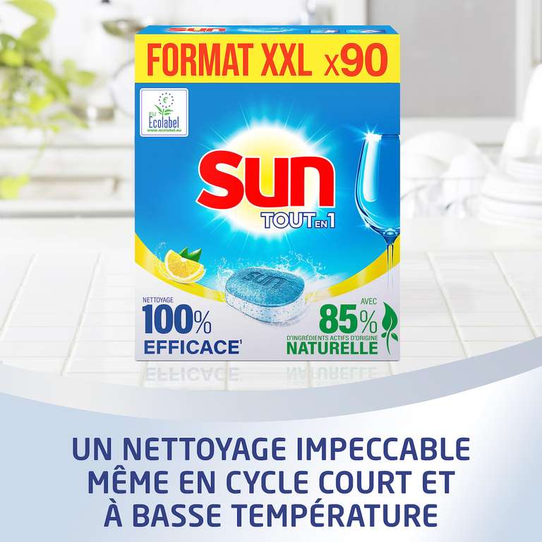 Pack de 90 Pastilles Lave-Vaisselle Tout-en-1 Sun - Citron, 85% Ingrédient Naturel/Ecolabel