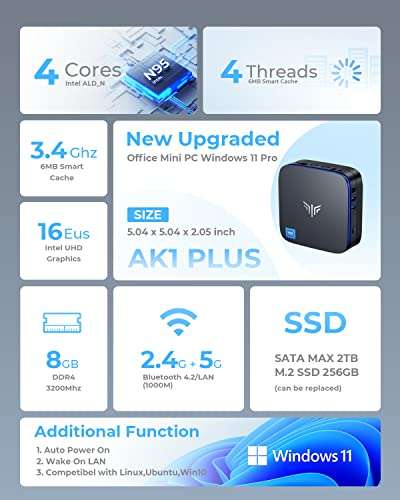 Mini PC NiPoGi AK1 Plus - Intel N95, RAM 8 Go, SSD 256 Go, WiFi 2.4/5G & BT 4.2, 2x HDMI 4K, 4x USB, 1x RJ45, W11 Pro (Vendeur tiers)