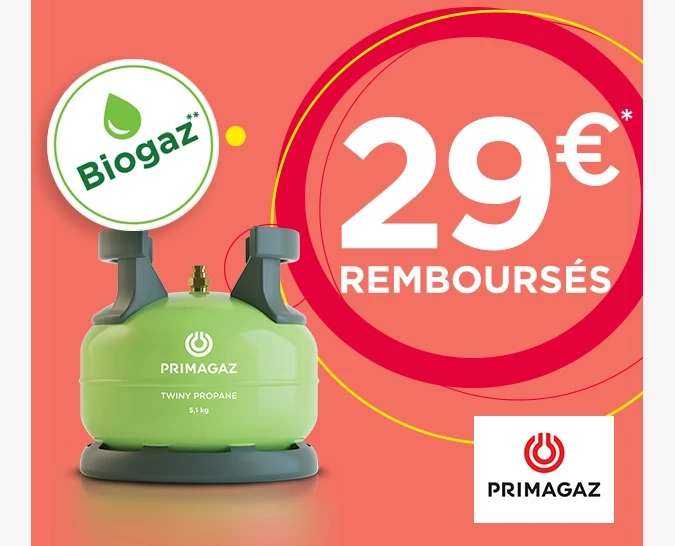 Remboursement de 29€ pour toute bouteille Bio Twiny propane 5,1 k de la marque Primagaz restituée chez l’un de nos Revendeurs Agréés