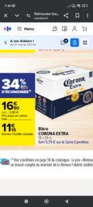 Pack de 18 bières Corona Extra– 18x33cl soit 5,94L (via 5,75€ sur carte fidélité et bon d’achat 5€)