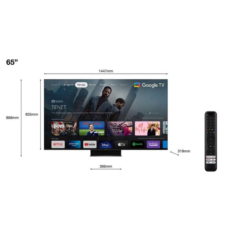 TV QLED MiniLED 65" TCL 65C849 - 4K UHD, 144 Hz, HDR, Dolby Vision IQ, HDMI 2.1, VRR/ALLM, FreeSync, Google TV (via ODR 300€)