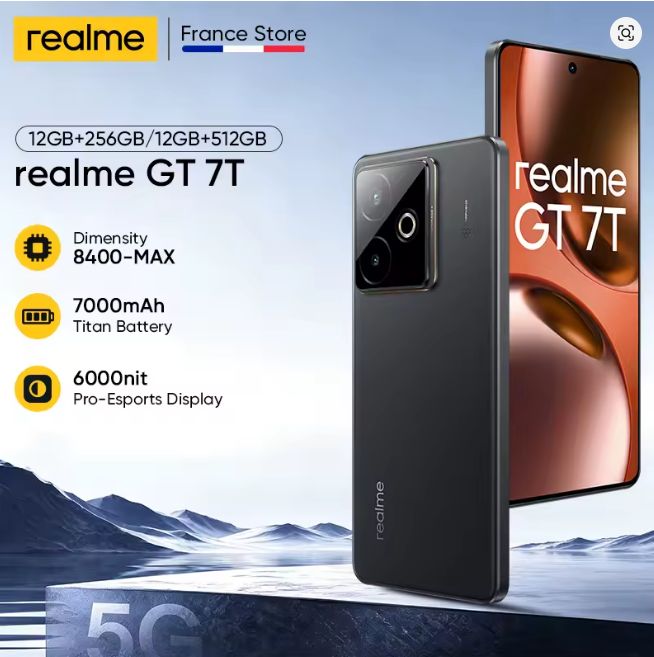 Smartphone 6.8" Realme GT 7T - 12 Go de RAM, 256 Go, 7000mAh, 120W, 50MP, 120Hz, IP69