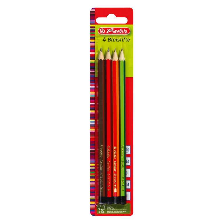 Lot de 4 crayons papier Herlitz, mine graphite incassable, hexagonal, dureté H, HB, B et 2B