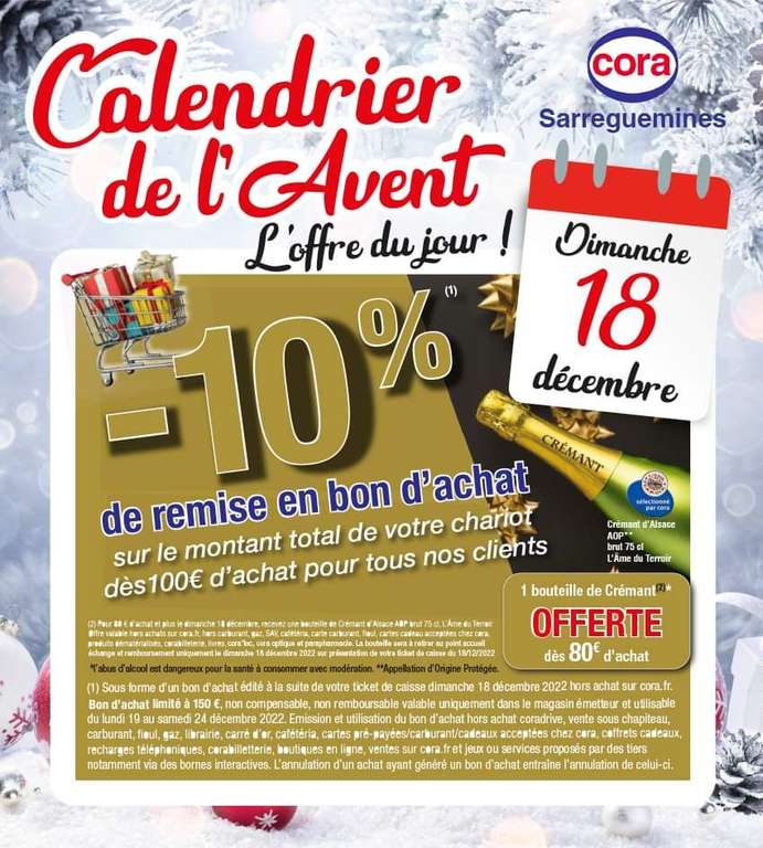 Bouteille de Crément d'Alsace (75cl) offerte dès 80€ & 10% en bon d'achat dès 100€ d'achat en magasin (150€ en BA max.) - Sarreguemines (57)