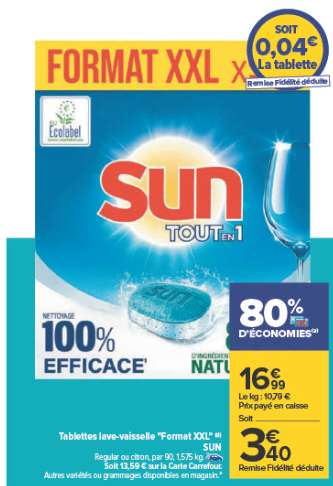Tablettes lave-vaisselle Sun tout-en-un format XXL - 90 tablettes (via 13,59€ sur carte de fidélité)