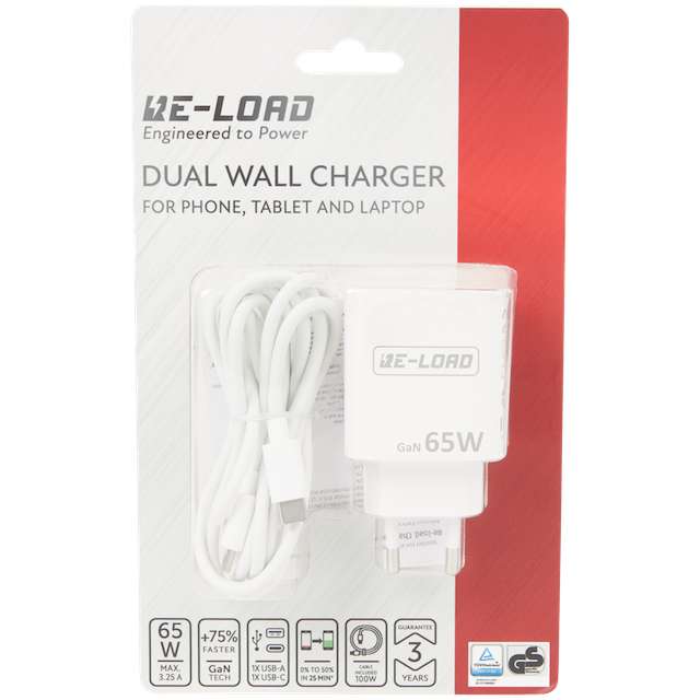 Chargeur secteur Re-load - 1 port USB-A + 1 port USB Type-C, 65W GaN + Cable USB-C 100W