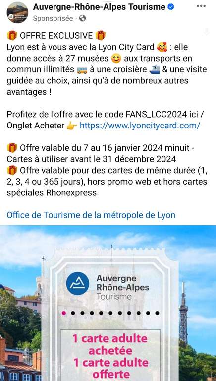 1 Carte adulte achetée = 1 Carte adulte offerte (lyoncitycard.com) - Lyon (69)