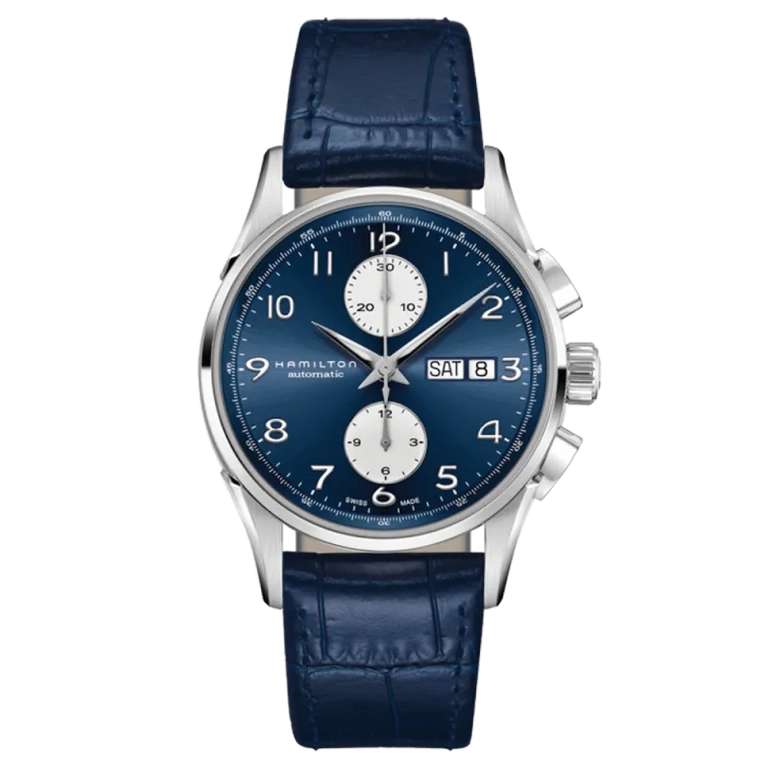 Montre automatique chronographe Hamilton Jazzmaster Maestro H32576641 - Cadran bleu, bracelet cuir bleu - 41 mm