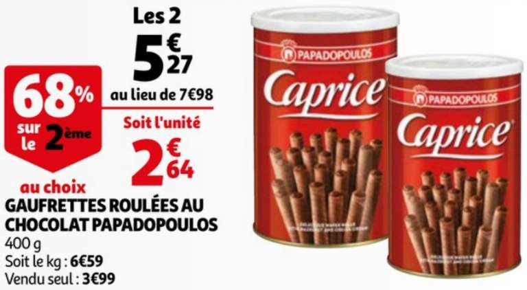 2 Boites de Gaufrettes roulées au chocolat Caprice Papadopoulos - 2x400g