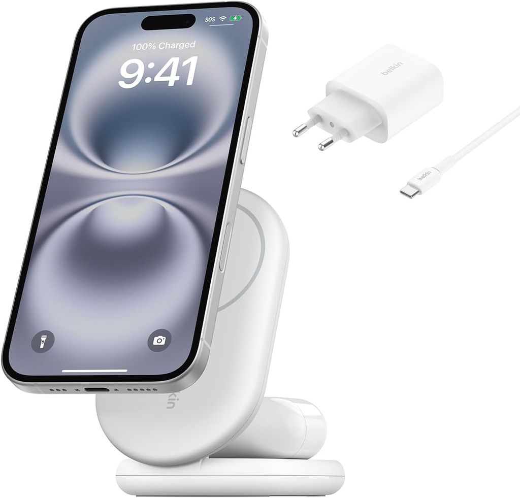 Socle de Recharge 2-en-1 Belkin Boost Charge - Aimanté, Pliable Qi2, 15W, Compatible MagSafe