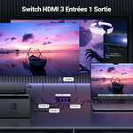 Switch Ugreen 3 en 1 - 3 entrées HDMI 2.1 8k@60Hz, avec télécommande