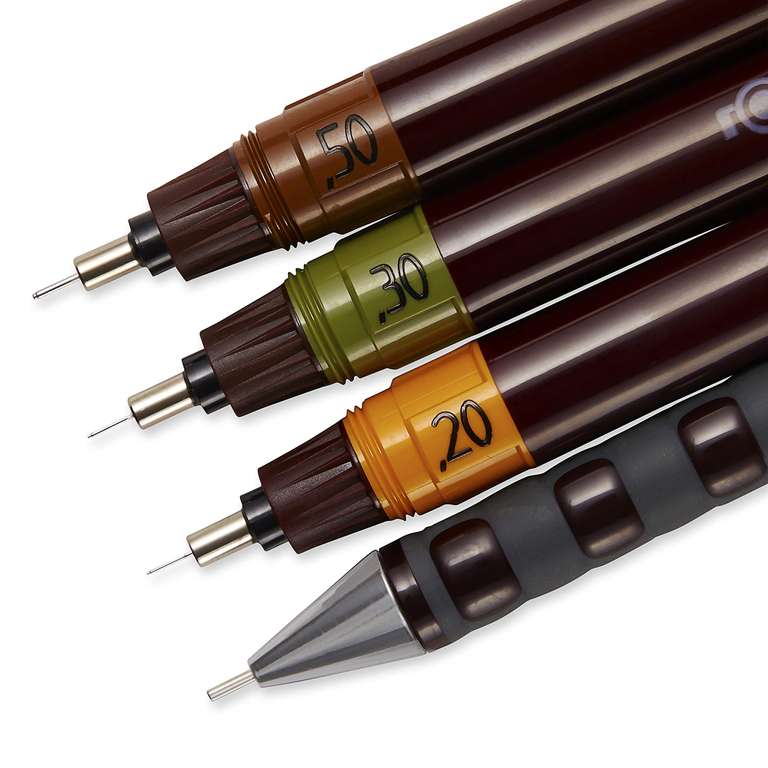 Set 3 stylos feutres rOtring Isograph College (0,20mm, 0,30mm et 0,50mm), Portemine mécanique Tikky (0,5mm) et accessoires