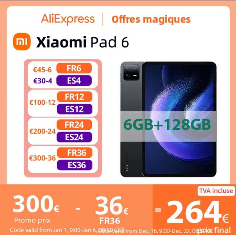 Tablette 11" Xiaomi Pad 6 - 6+128Go, Wi-Fi 6 VERSION GLOBALE Envoi depuis la France livraison en 3 jours