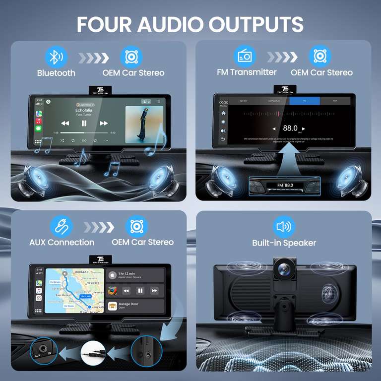 Écran CarPlay Portable 10,26 Pouces Sans Fil - CarPlay Android Auto Tactile Avec Caméras 4K + Caméra De Recul, Bluetooth & GPS