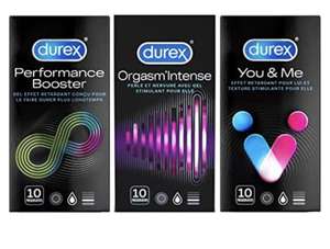 Lot de 3 boîtes de 10 préservatifs Durex Orgasm'Intense, Performance Booster et You & Me