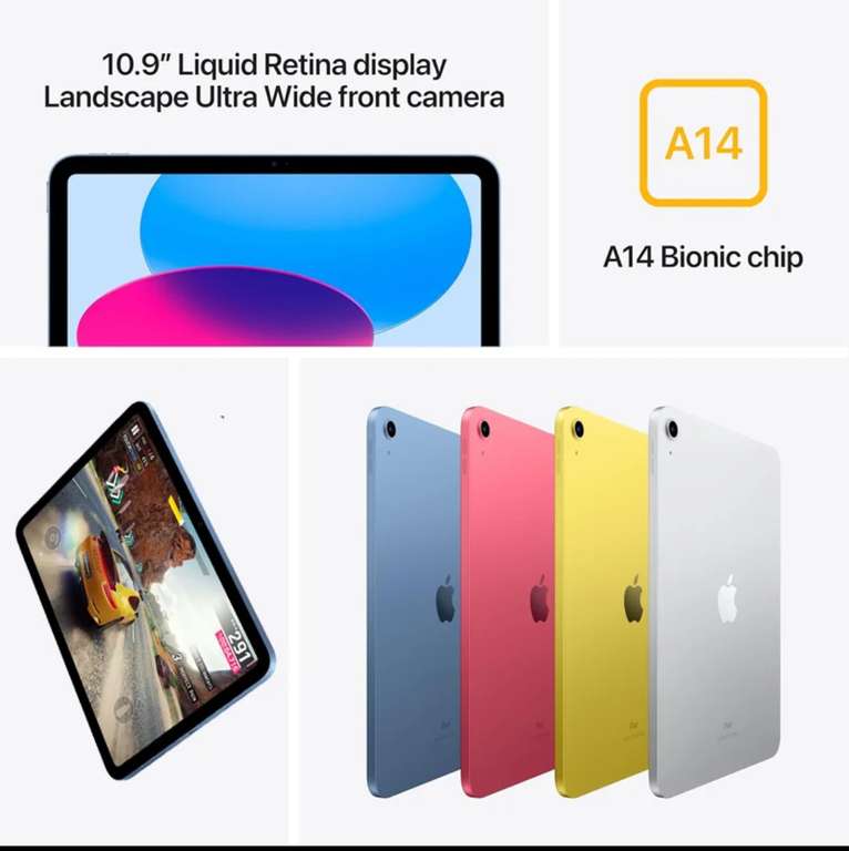 Tablette 10,9" Apple iPad 10e génération - A14, 64Go, WiFi 6, 12MP Caméra unique