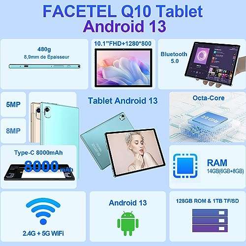Tablette 10.1 Android Facetel - 128/14Go (vendeur tiers, via