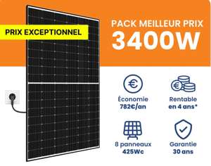 Kit Solaire Amerisolar 3400W - 8 Panneaux solaires bifacial de 425W, Sans fixations, Onduleur Kaco